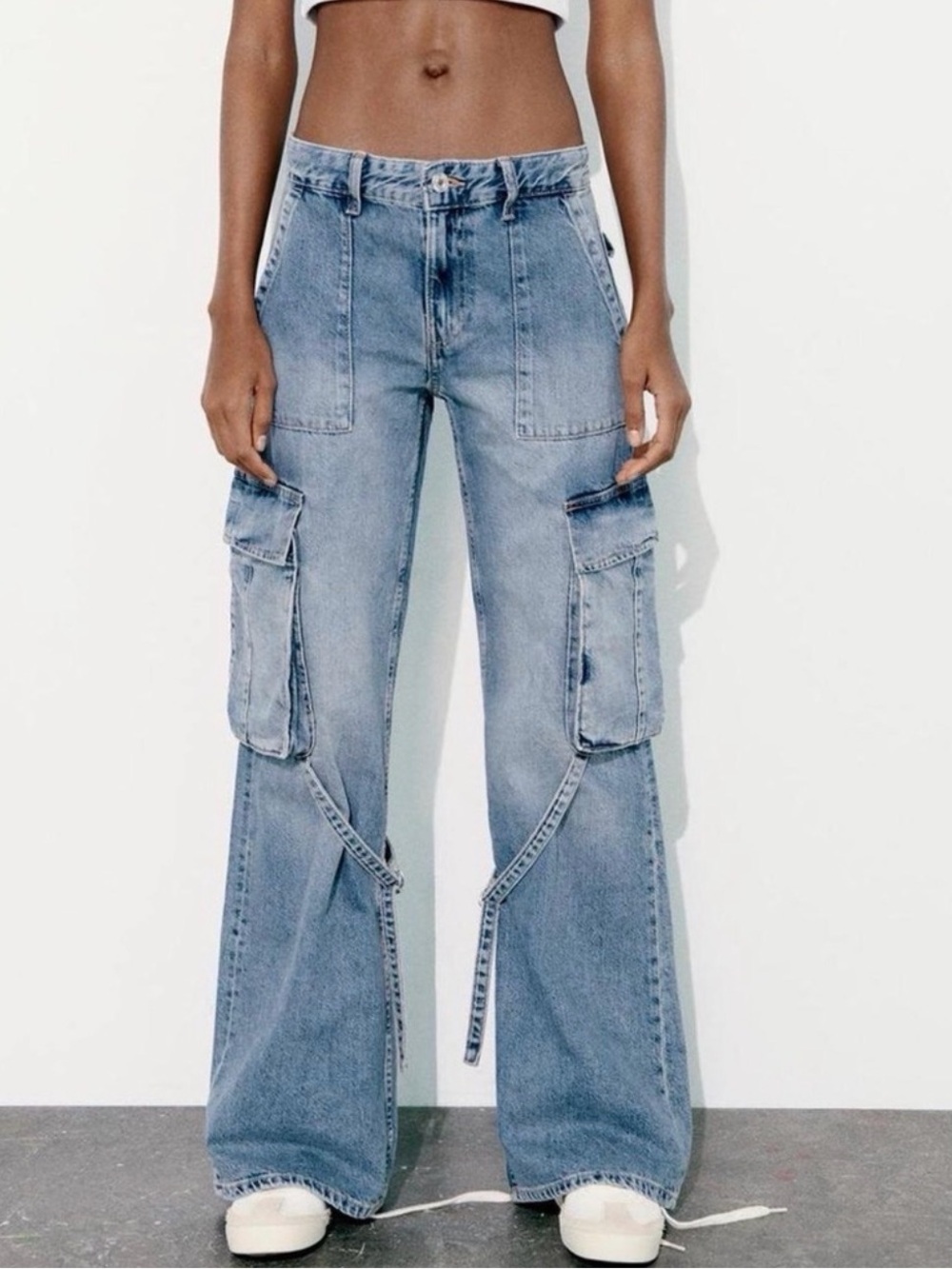 Zara Light Blue Cargo Wide-Leg Jeans with Utility Pockets